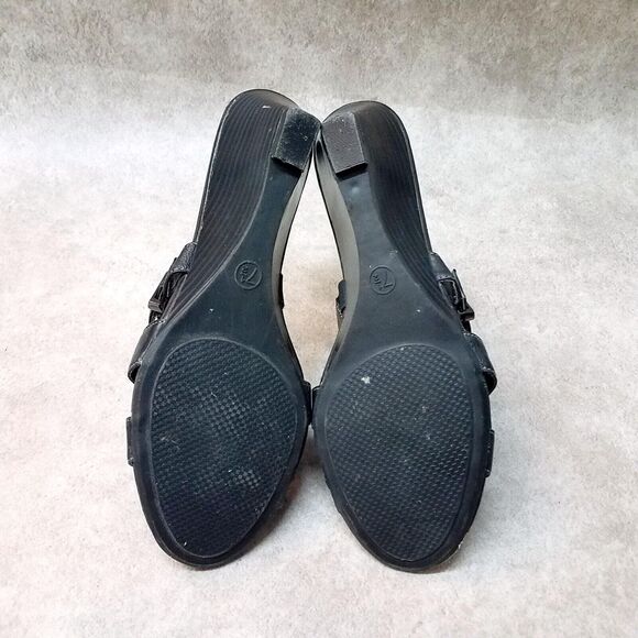 Merona Womens Edwina Size 7.5 Black Leather Open Toe Slide Wedge Sandals - Picture 9 of 10